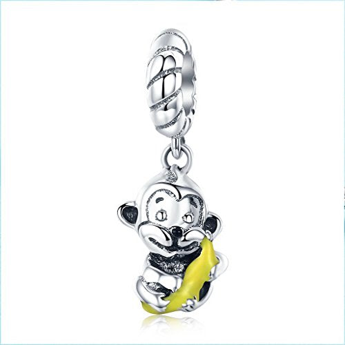 PAHALA 925 Sterling Silver Monkey Banana Pendant Charm Bead