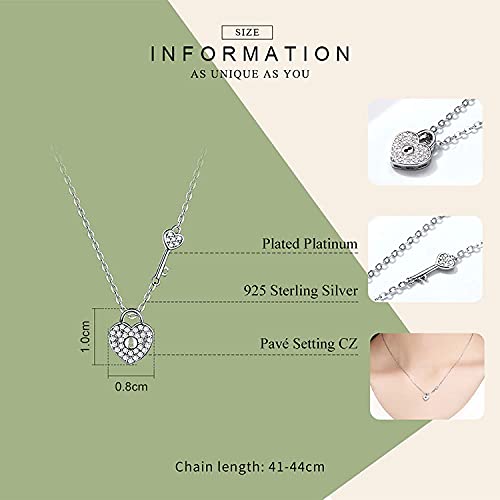 PAHALA 925 Sterling Silver Love Heart Lock Key Crystals Pendant Wedding Necklace