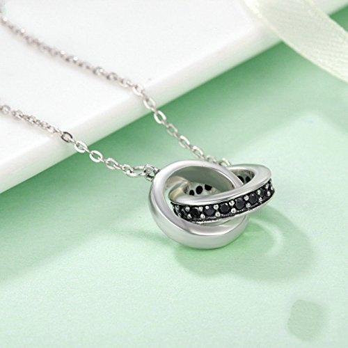 PAHALA 925 Sterling Silver Circle in Cricle with Black Crystals Pendant Necklace