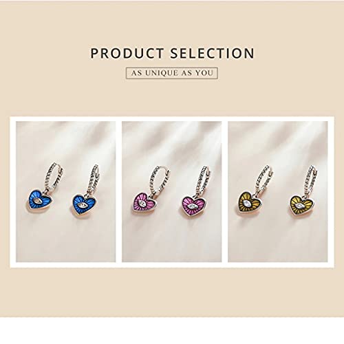 PAHALA 925 Sterling Silver Enamel Colorful Heart Demon Eye Sapphire Hoop Drop Earrings