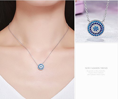PAHALA 925 Sterling Silver Lucky Round with Blue Crystals Clear CZ Pendant Necklace