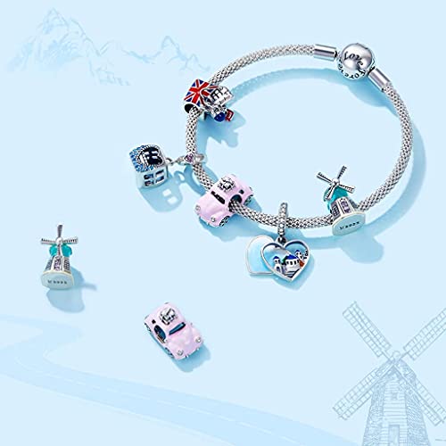 PAHALA 925 Sterling Silver Enamel Travel London Pink Car Windmill Blue Heart Memories Charm Bead