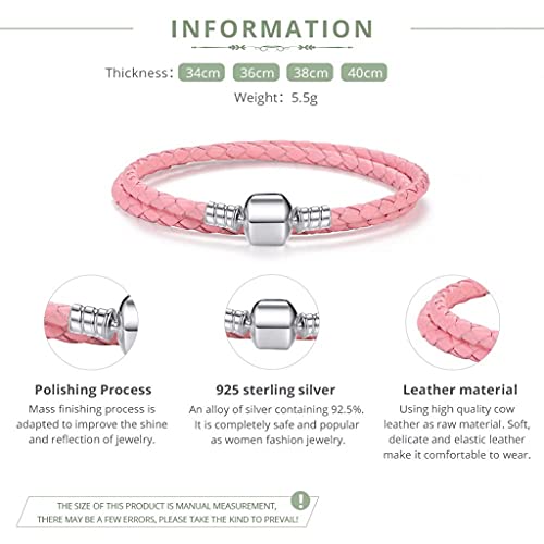 PAHALA 925 Sterling Silver Long 4 Colors Braided Leather Chain Snake Clasp (36, Pink)