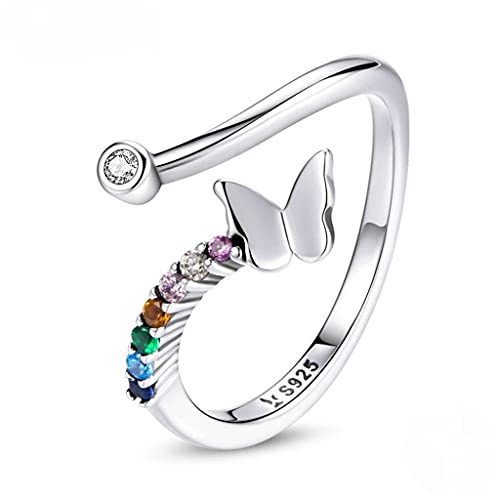 PAHALA 925 Strling Silver Rainbow Butterfly Ring Colorful Crystals Finger Weeding Party Ring