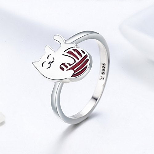 PAHALA 925 Sterling Silver Cat with Enamel Red Ball Wedding Engagement Band Ring