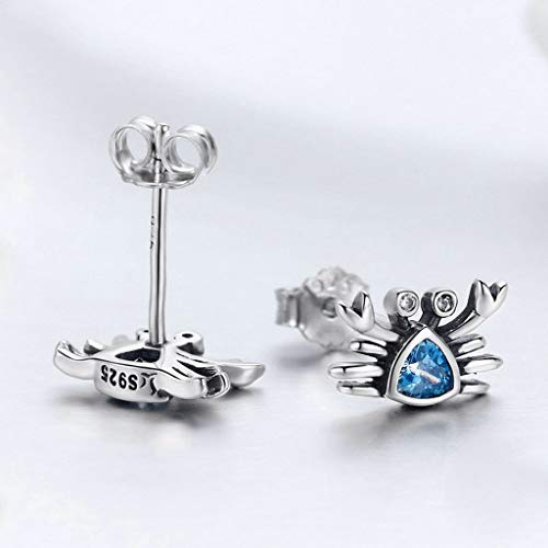 PAHALA 925 Sterling Silver Cute Ocean Crab Blue Crystal Stud Earrings
