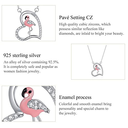 PAHALA 925 Sterling Silver Enamel Pink Animal Heart Memnon Flamingos Chain Necklace Pendant Wedding Necklace
