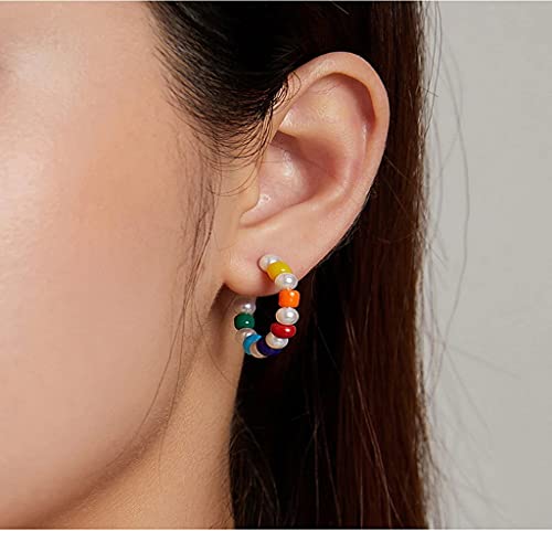 PAHALA 925 Sterling Silver Cute Rainbow Shell Pearl Hoop Earrings Stud Earrings