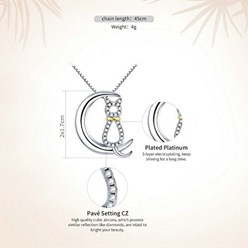 PAHALA 925 Sterling Silver Moon with Cute Cat Crystals Clear CZ Pendant Necklace