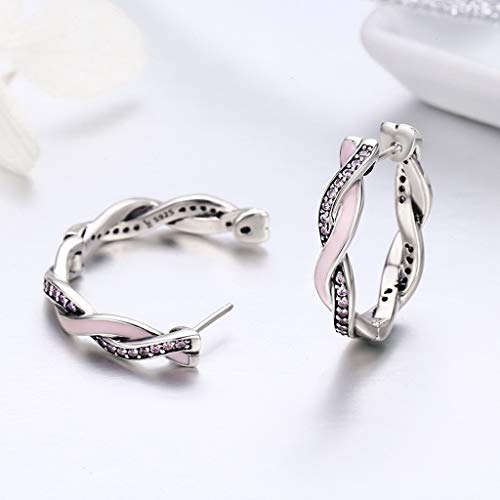 PAHALA 925 Sterling Silver Pink Twist With Crystals Party Wedding Hoop Earrings