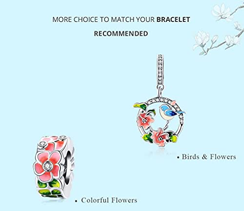 PAHALA 925 Sterling Silver Colorful Birds Flowers Leaves CZ Pendant Spring Charm Bead