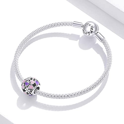 PAHALA 925 Sterling Silver Enamel Heart Purple Pink Ball Round Flower Charm Bead