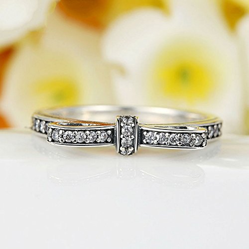 PAHALA 925 Sterling Silver Bow-Knot Cubic Zirconia Pave Wedding Engagement Band Ring