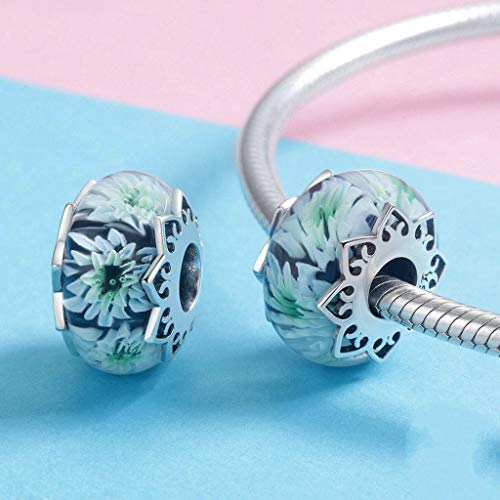 PAHALA 925 Strling Silver Chrysanthemum Flower European Glass Charms