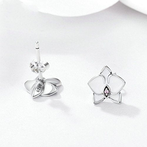 PAHALA 925 Sterling Orchid White Enamel With Pink Crystals Party Wedding Stud Earrings