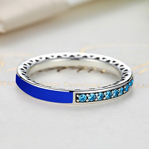 PAHALA 925 Sterling Silver 6 Colors Enamel Hearts with Crystals Cubic Zirconia Pave Wedding Engagement Band Ring (Blue, 8)