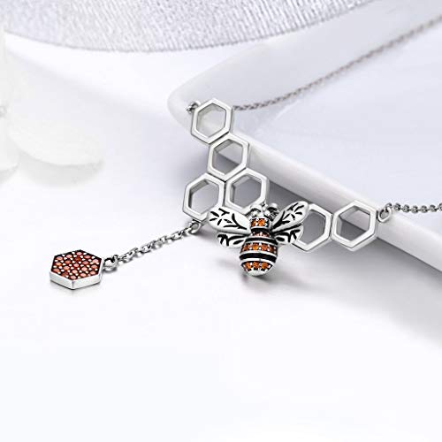 PAHALA 925 Sterling Silver Insect Bee Honeycomb with Crystals Clear CZ Pendant Necklace