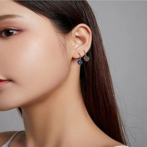 PAHALA 925 Sterling Silver Enamel Colorful Heart Demon Eye Sapphire Hoop Drop Earrings