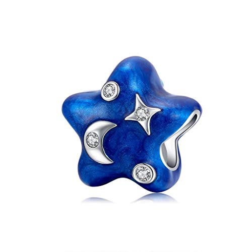 PAHALA 925 Strling Silver Blue Moon Star Enamel Bead with Crystals Charm Bead