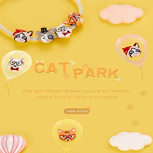 PAHALA 925 Sterling Silver Enamel Cartoon Cute Sweet Heart Tabby Cat Charm Bead