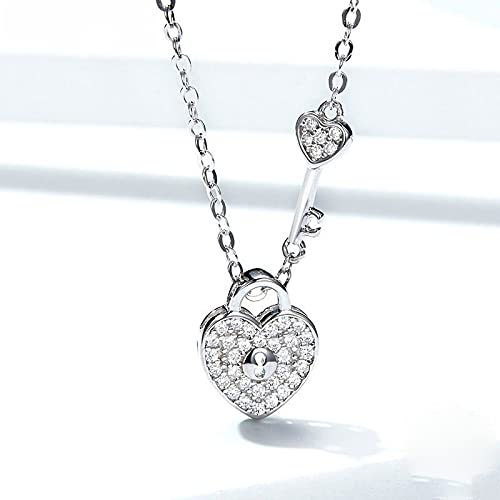 PAHALA 925 Sterling Silver Love Heart Lock Key Crystals Pendant Wedding Necklace