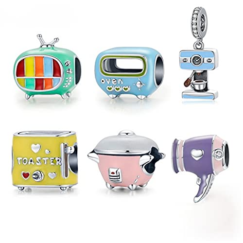 PAHALA 925 Sterling Silver Mini Appliance Enamel Charm Rice Cooker Toaster Blue Oven Hair Dryer Charm Bead