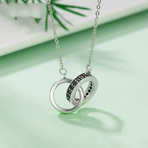PAHALA 925 Sterling Silver Circle in Cricle with Black Crystals Pendant Necklace