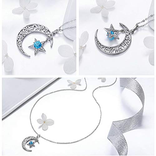 PAHALA 925 Sterling Silver Sparkling Moon Star with Blue Crystal Pendant Necklace