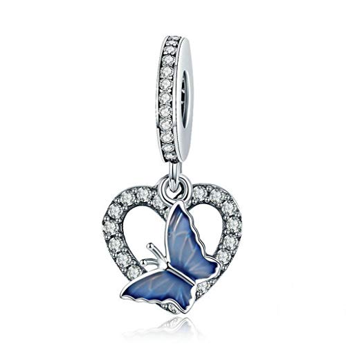 PAHALA 925 Strling Silver Blue Emanel Butterfly with Crystals Heart Pendant Charms Beads