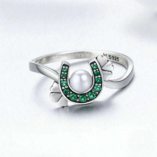 PAHALA 925 Sterling Silver Horseshoe with Green Crystals Pendant Necklace Ring Jewelry Set