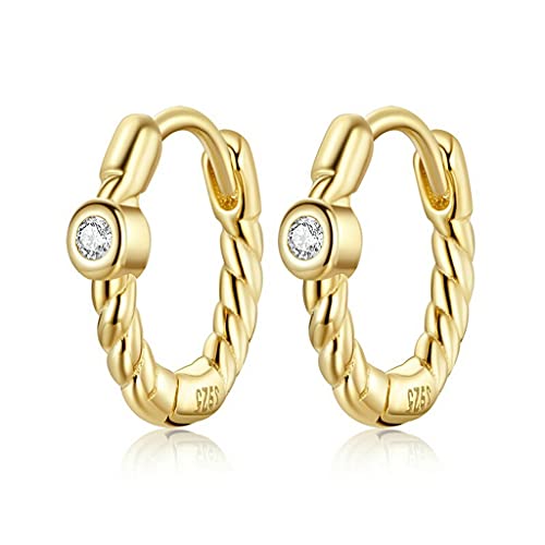 PAHALA 925 Sterling Silver Simple Golden Crystal Geometric Cuff Round Hoop Drop Earrings