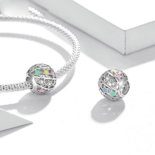 PAHALA 925 Strling Silver Multiple Colorful Star Ball Round Hollow Charm Bead