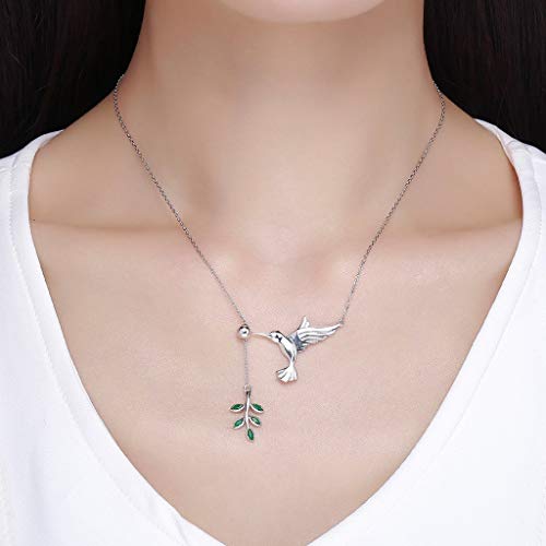 PAHALA 925 Sterling Silver Bird Tree Leaf with Crystals Clear CZ Pendant Necklace