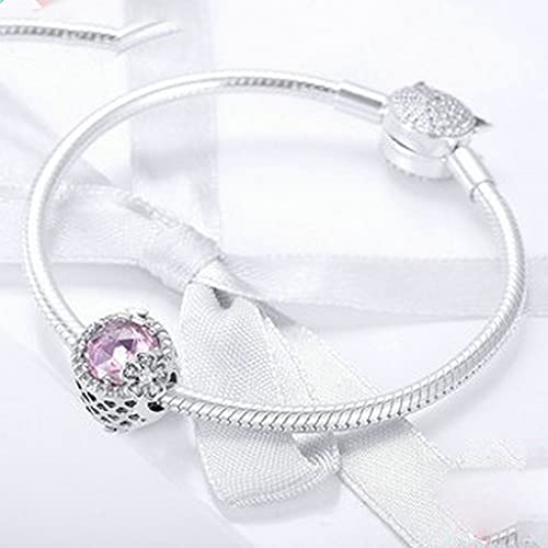 PAHALA 925 Sterling Silver Pink Round With Flower Crystals Charm Bead