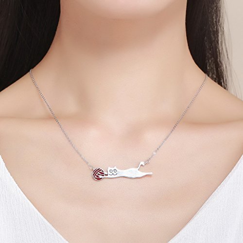 PAHALA 925 Sterling Silver Cat with Red Enamel Ball Clear CZ Pendant Necklace