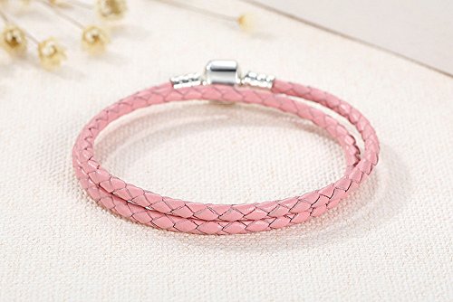 PAHALA 925 Sterling Silver Long 4 Colors Braided Leather Chain Snake Clasp (36, Pink)