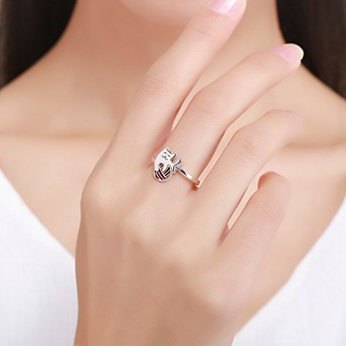 PAHALA 925 Sterling Silver Cat with Enamel Red Ball Wedding Engagement Band Ring