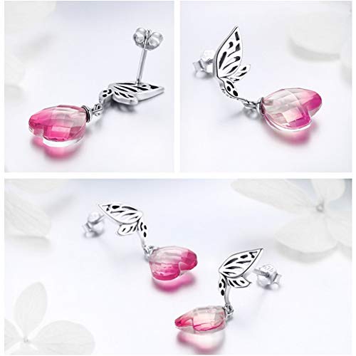 PAHALA 925 Sterling Silver Pink Heart Hope Wings With Crystal Drop Earrings