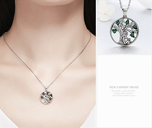 PAHALA 925 Sterling Silver Lovely Tree with Green Crystals Clear CZ Pendant Necklace
