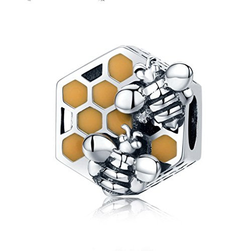 PAHALA 925 Sterling Silver Honeycomb Honey Bee Enamel Charm Bead