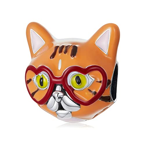 PAHALA 925 Sterling Silver Enamel Cartoon Cute Sweet Heart Tabby Cat Charm Bead