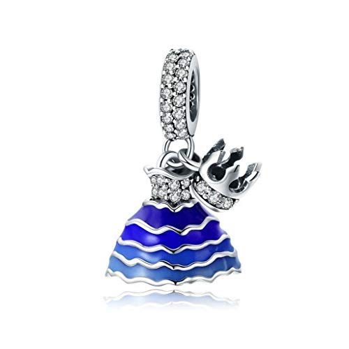 PAHALA 925 Strling Silver Blue Enamel Princess Dress with Crystals Charms Beads