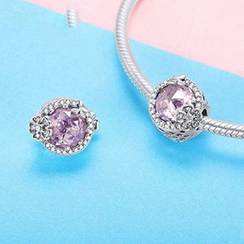 PAHALA 925 Sterling Silver Pink Round With Flower Crystals Charm Bead