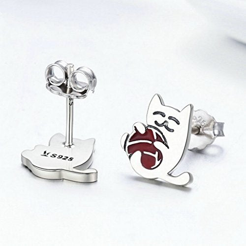 PAHALA 925 Sterling Silver Cat With Enamel Ball Fashion Stud Earrings