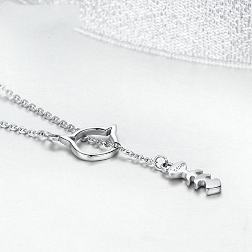 PAHALA 925 Sterling Silver Sweet Little Cat Love Fish Clear CZ Pendant Necklace