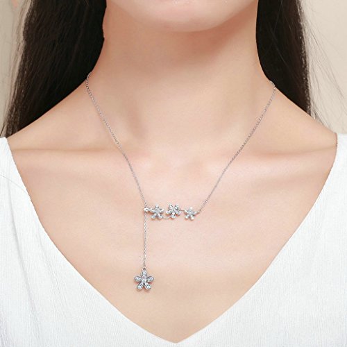 PAHALA 925 Sterling Silver Daisy Flower Tassel with Crysatls Clear CZ Pendant Necklace