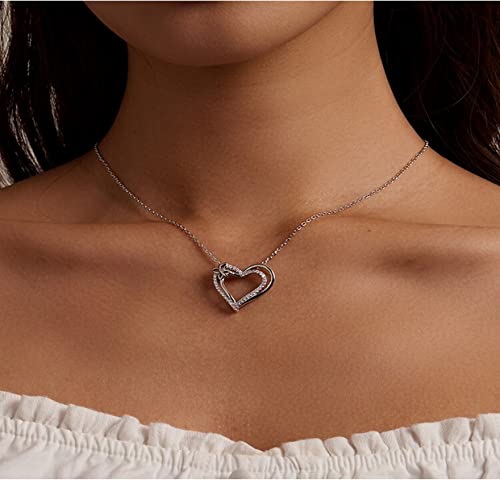PAHALA 925 Sterling Silver Crystals Double Layer Heart Chain Necklace Pendant Wedding Necklace