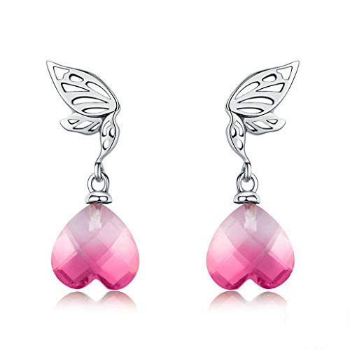 PAHALA 925 Sterling Silver Pink Heart Hope Wings With Crystal Drop Earrings