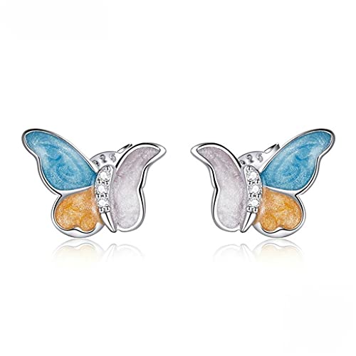 PAHALA 925 Sterling Silver Cute Enamel Butterfly Three Colors Crystals Stud Earrings