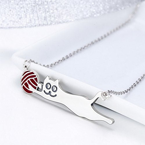 PAHALA 925 Sterling Silver Cat with Red Enamel Ball Clear CZ Pendant Necklace